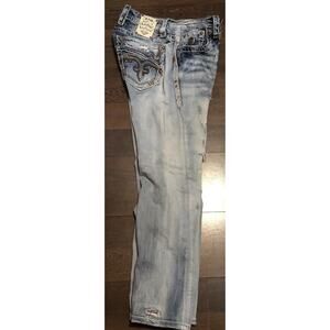 $220 Mens Rock Revival Jeans "Keifer"Leather Inserts Relaxed Straight 33x32
